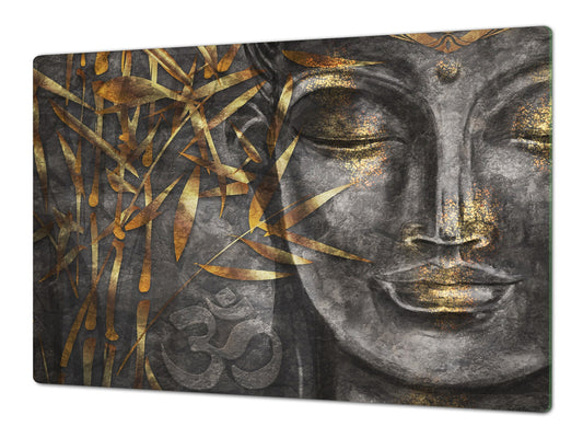 ENORMOUS Tempered GLASS Chopping Board - Induction Cooktop Cover – SINGLE: 80 x 52 cm; DOUBLE: 40 x 52 cm; DD43 Abstract Graphics Series: Golden Buddha
