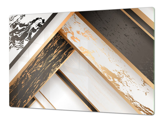 HUGE TEMPERED GLASS COOKTOP COVER – Glass Cutting Board and Worktop Saver – SINGLE: 80 x 52 cm (31,5” x 20,47”); DOUBLE: 40 x 52 cm (15,75” x 20,47”); DD40 Decorative Surfaces Series: Black and white interwoven with gold 1