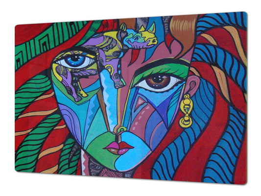 GIGANTIC CUTTING BOARD and Cooktop Cover - Glass Kitchen Board; SINGLE: 80 x 52 cm (31,5” x 20,47”); DOUBLE: 40 x 52 cm (15,75” x 20,47”); DD42 Paintings Series: Cubism illustration of an elegant woman