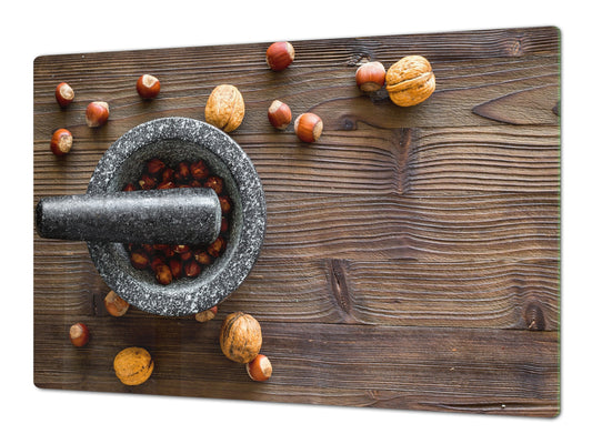BIG KITCHEN BOARD & Induction Cooktop Cover – Glass Pastry Board - Food series DD16 Nuts in a mortar 1