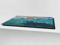 HUGE TEMPERED GLASS COOKTOP COVER – Glass Cutting Board and Worktop Saver – SINGLE: 80 x 52 cm (31,5” x 20,47”); DOUBLE: 40 x 52 cm (15,75” x 20,47”); DD40 Decorative Surfaces Series: Turquoise fish-like scale