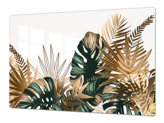 BIG KITCHEN BOARD & Induction Cooktop Cover – Glass Pastry Board – SINGLE: 80 x 52 cm (31,5” x 20,47”); DOUBLE: 40 x 52 cm (15,75” x 20,47”); DD41 Tropical Leaves Series: Tropical pattern