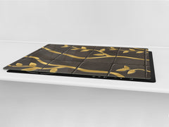 GIGANTIC CUTTING BOARD and Cooktop Cover - Glass Kitchen Board DD35 Textures and tiles 1 Series: Golden branches on a dark background
