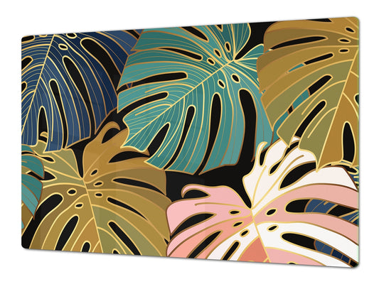 BIG KITCHEN BOARD & Induction Cooktop Cover – Glass Pastry Board – SINGLE: 80 x 52 cm (31,5” x 20,47”); DOUBLE: 40 x 52 cm (15,75” x 20,47”); DD41 Tropical Leaves Series: Vector art