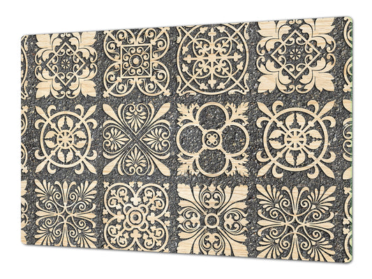 HUGE Cutting Board – Worktop saver and Pastry Board – Glass Kitchen Board DD37 Vintage leaves and patterns Series: Sculpted mosaic pattern