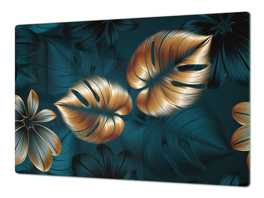 BIG KITCHEN BOARD & Induction Cooktop Cover – Glass Pastry Board – SINGLE: 80 x 52 cm (31,5” x 20,47”); DOUBLE: 40 x 52 cm (15,75” x 20,47”); DD41 Tropical Leaves Series: Shining luxury leaves