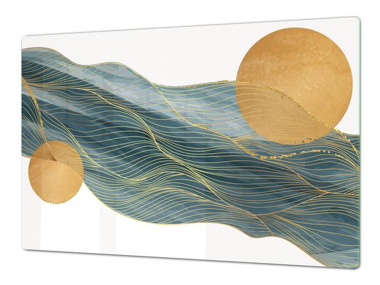 HUGE Cutting Board – Worktop saver and Pastry Board – Glass Kitchen Board DD37 Vintage leaves and patterns Series: Gold abstract lines