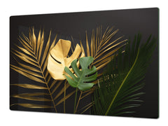 BIG KITCHEN BOARD & Induction Cooktop Cover β Glass Pastry Board β SINGLE: 80 x 52 cm (31,5β x 20,47β); DOUBLE: 40 x 52 cm (15,75β x 20,47β); DD41 Tropical Leaves Series: Leaves texture on black background