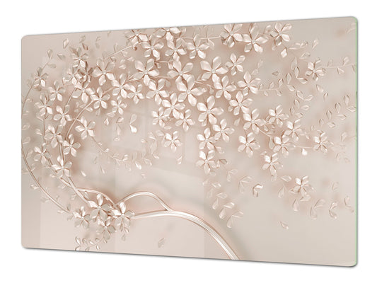 UNIQUE Tempered GLASS Kitchen Board – Impact & Scratch Resistant Cooktop cover – SINGLE: 80 x 52 cm; DOUBLE: 40 x 52 cm; DD39 Colourful Variety Series: Beige decorative tree