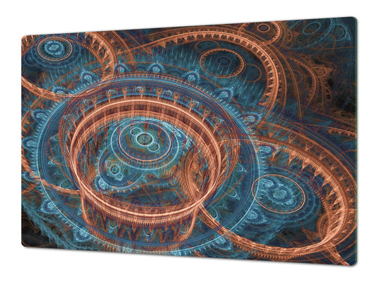 ENORMOUS Tempered GLASS Chopping Board - Induction Cooktop Cover – SINGLE: 80 x 52 cm; DOUBLE: 40 x 52 cm; DD43 Abstract Graphics Series: Fiery wheels