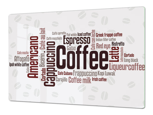 Gigante Tabla para picar de cristal templado o cubre vitro - Series Inscripciones DD17 Wordcloud de cafe