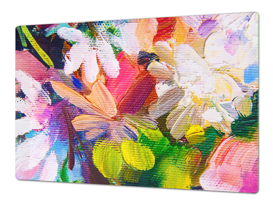 GIGANTIC CUTTING BOARD and Cooktop Cover - Glass Kitchen Board; SINGLE: 80 x 52 cm (31,5” x 20,47”); DOUBLE: 40 x 52 cm (15,75” x 20,47”); DD42 Paintings Series: Impressionist flowers