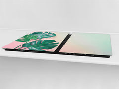 BIG KITCHEN BOARD & Induction Cooktop Cover β Glass Pastry Board β SINGLE: 80 x 52 cm (31,5β x 20,47β); DOUBLE: 40 x 52 cm (15,75β x 20,47β); DD41 Tropical Leaves Series: Monstera on pink background