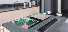 BIG KITCHEN BOARD & Induction Cooktop Cover β Glass Pastry Board β SINGLE: 80 x 52 cm (31,5β x 20,47β); DOUBLE: 40 x 52 cm (15,75β x 20,47β); DD41 Tropical Leaves Series: Monstera on pink background