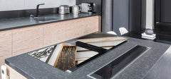HUGE TEMPERED GLASS COOKTOP COVER – Glass Cutting Board and Worktop Saver – SINGLE: 80 x 52 cm (31,5” x 20,47”); DOUBLE: 40 x 52 cm (15,75” x 20,47”); DD40 Decorative Surfaces Series: Black and white interwoven with gold 1