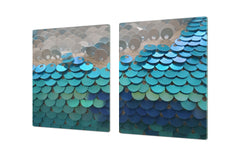 HUGE TEMPERED GLASS COOKTOP COVER – Glass Cutting Board and Worktop Saver – SINGLE: 80 x 52 cm (31,5” x 20,47”); DOUBLE: 40 x 52 cm (15,75” x 20,47”); DD40 Decorative Surfaces Series: Turquoise fish-like scale