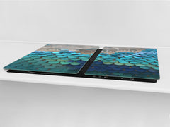 HUGE TEMPERED GLASS COOKTOP COVER – Glass Cutting Board and Worktop Saver – SINGLE: 80 x 52 cm (31,5” x 20,47”); DOUBLE: 40 x 52 cm (15,75” x 20,47”); DD40 Decorative Surfaces Series: Turquoise fish-like scale