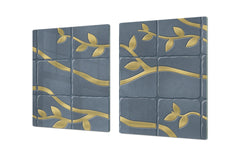 GIGANTIC CUTTING BOARD and Cooktop Cover - Glass Kitchen Board DD35 Textures and tiles 1 Series: Golden branches on a blue background