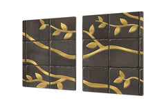 GIGANTIC CUTTING BOARD and Cooktop Cover - Glass Kitchen Board DD35 Textures and tiles 1 Series: Golden branches on a dark background