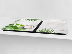 BIG KITCHEN BOARD & Induction Cooktop Cover – Glass Pastry Board – SINGLE: 80 x 52 cm (31,5” x 20,47”); DOUBLE: 40 x 52 cm (15,75” x 20,47”); DD41 Tropical Leaves Series: Summer concept