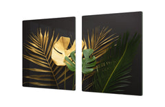 BIG KITCHEN BOARD & Induction Cooktop Cover β Glass Pastry Board β SINGLE: 80 x 52 cm (31,5β x 20,47β); DOUBLE: 40 x 52 cm (15,75β x 20,47β); DD41 Tropical Leaves Series: Leaves texture on black background