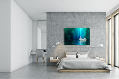 Cuadro de vidrio moderno - Arte mural contemporáneo SART04 Serie Flores y hojas: Hoja sobre la superficie del espejo de un lago