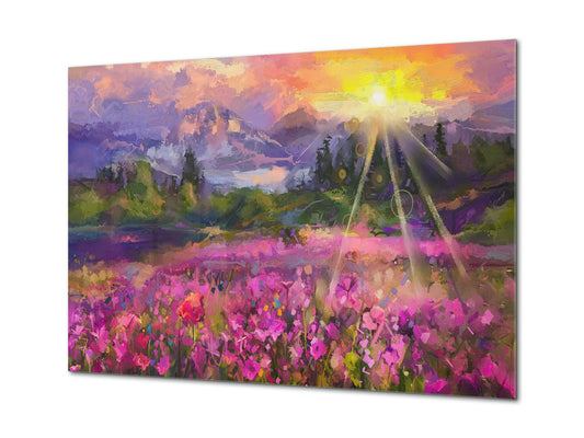 Glass Print Wall Art – Image on Glass SART05 Miscellanous Series: Abstract oil painting - colorful meadow at sunset