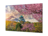 Modern Glass Picture - Contemporary Wall Art SART01 Nature Series: Full cherry blossom under Fuji mountain