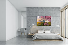 Modern Glass Picture - Contemporary Wall Art SART01 Nature Series: Full cherry blossom under Fuji mountain