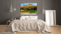 Modern Glass Picture - Contemporary Wall Art SART01 Nature Series: Empty bench facing emerald lake Misurina