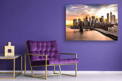 Cuadro de vidrio templado para pared - Impresión de vidrio para arte de pared SART02 Serie Ciudades: Panorama del puente de Brooklyn al atardecer