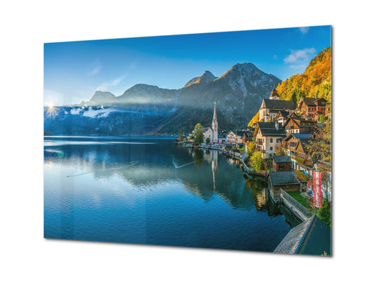 Glass Print Wall Art – Image on Glass SART01B Nature Series: Mountain village by the lake in Austrian Alps