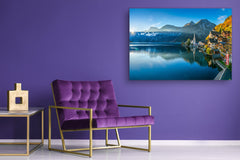 Glass Print Wall Art – Image on Glass SART01B Nature Series: Mountain village by the lake in Austrian Alps