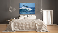 Glass Picture Wall Art - Picture on Glass SART03A Animals Series: Dolphins jumping over breaking waves