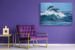 Glass Picture Wall Art - Picture on Glass SART03A Animals Series: Dolphins jumping over breaking waves