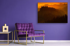 Imagen impresa en vidrio - Imagen de pared detrás de vidrio templado SART01D Serie Naturaleza: Bosque brumoso al atardecer