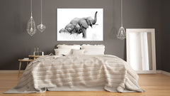 Arte de pared - Impresión en lienzo de vidrio Imagen SART03B Serie Animales: Fotografía en blanco y negro de una familia de elefantes