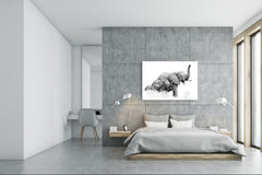 Arte de pared - Impresión en lienzo de vidrio Imagen SART03B Serie Animales: Fotografía en blanco y negro de una familia de elefantes