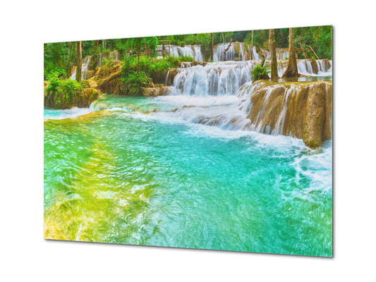 Cuadro de vidrio moderno - Arte mural contemporáneo SART01 Serie Naturaleza: Cascada en Laos