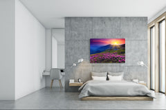 Cuadro de vidrio moderno - Arte mural contemporáneo SART01 Serie Naturaleza: Flores rosas en una montaña de verano