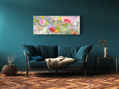 Arte mural con impresión en vidrio: imagen sobre vidrio de 125 x 50 cm (≈ 50” x 20”); 15 flores