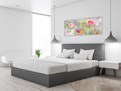 Arte mural con impresión en vidrio: imagen sobre vidrio de 125 x 50 cm (≈ 50” x 20”); 15 flores