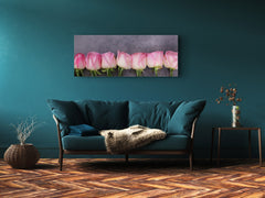 Arte mural con impresión en vidrio: imagen sobre vidrio de 125 x 50 cm (≈ 50” x 20”); Rosas 2