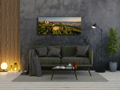 Impresión artística gráfica sobre vidrio – Disponible en 5 tamaños diferentes – Serie Naturaleza 01B: Casco antiguo en la colina