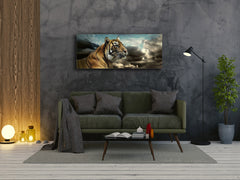 Arte mural con impresión en vidrio: imagen sobre vidrio de 125 x 50 cm (≈ 50” x 20”); Tigre 1