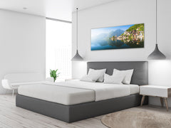 Graphic Art Print on Glass – Available in 5 different sizes – Nature Series 01B: A mountain village by the lake