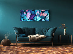 Arte de pared de vidrio – Disponible en 5 tamaños diferentes – Serie Flores y hojas 03: Hojas en tonos azul y rosa púrpura
