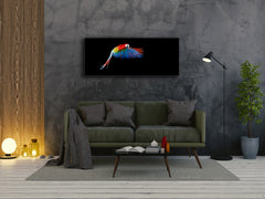 Wall Art Glass Print Picture – Available in 5 different sizes – Animals Series 02: Flying Ara on a dark background