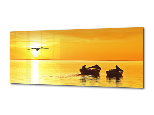 Glass Picture Wall Art – Available in 5 different sizes – Nature Series 01D – Nature Series 01D: Landscape of a sunset with fishermen
