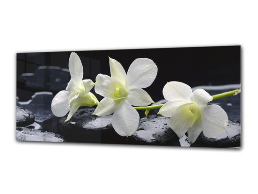 Arte mural con impresión en vidrio: imagen sobre vidrio de 125 x 50 cm (≈ 50” x 20”); Flor 22